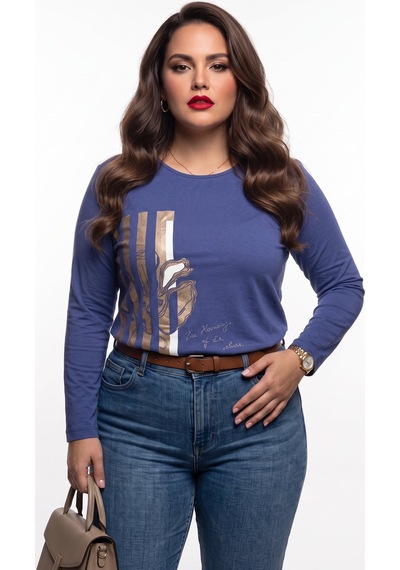 Vedi-bb Kadın Büyük Beden Bisiklet Yaka Uzun Kollu Baskılı T-shirt 26xy7304 İndigo
