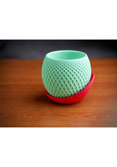 3d Baskı Küre Saksı - Kafes Dokulu İki Parçalı Dekoratif Saksı - Mint-kırmızı