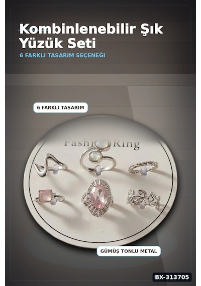 Pirinç 6'li Yuzuk Seti 7-8 Numara Gumus Renk Bijuteri Bileklik Hediyelik Paket Bx-313705 Çok Renkli