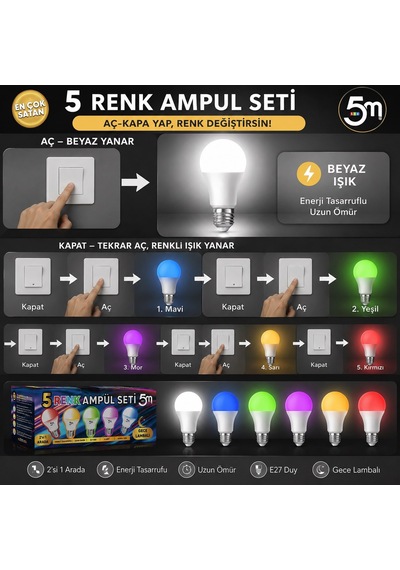 5 Adet Çocuk Odası Gece Lambası Akıllı Gece Lambalı Led Ampul 11w Beyaz +renkler Tasarruflu Çift Mod