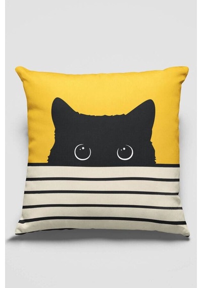 Sarı Kedi Desenli Çift Taraf Yastık Kırlent Kılıfı Krl064n11
