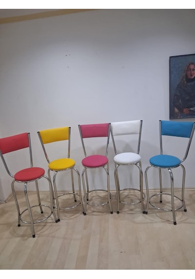 Sandalye 90678 Yüksek Bar Tabure Renkli 5 Adet Metal Çelik Nikelaj Suni Deri Döşeme Pembe
