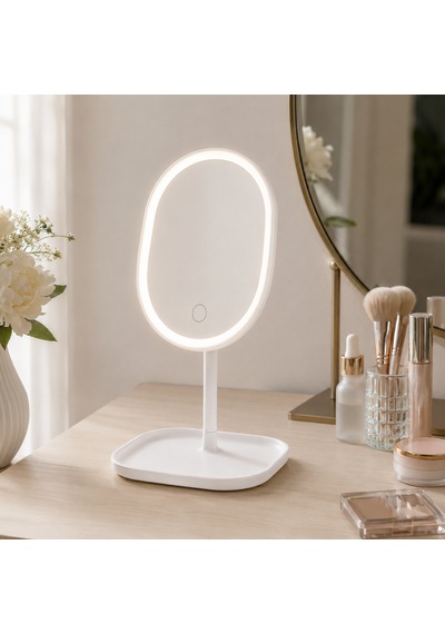 Humas Led Işıklı Masaüstü Makyaj Aynası, Dokunmatik Kontrollü, 3 Işık Modlu, Parlaklık Ayarlı, Usb Şarjlı, Tepsili Masa Aynası Beyaz