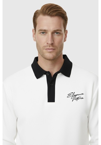 Rizzup Erkek Beyaz Relax Fit İçi Polarlı Polo Yaka Sweatshirt Pamuklu Kalın Sweatshirt 2600762