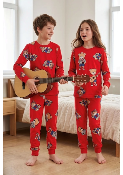 Zuzunga Unisex Kırmızı Renk Ayıcık Desenli Uzun Kollu Pijama Takımı
