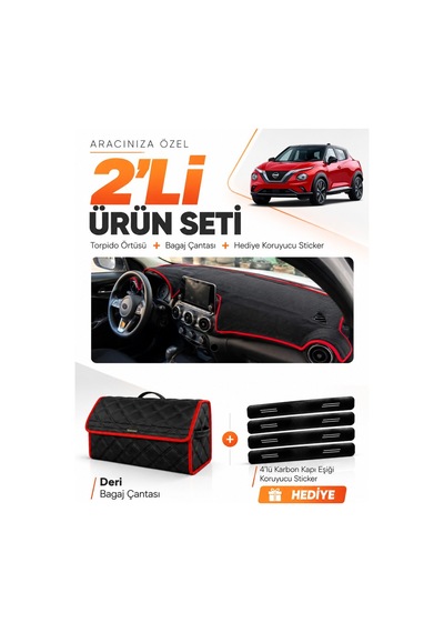 Nissan Juke 2020-2023 Uyumlu Torpido Örtüsü + Deri Bagaj Çantası + Sticker Seti - Siyah Kırmızı