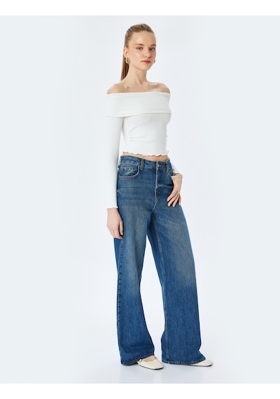 Koton Madonna Yaka Omuzu Açık Slim Fit Uzun Kollu Tişört Ekru 5sal10588ık Ekru