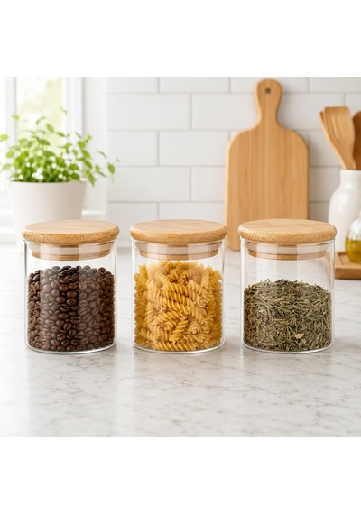 3'lü 300 Ml Bambu Kapaklı Cam Kavanoz Seti, Silikon Contalı Şeffaf Baharatlık Ve Saklama Kabı, Çay Kahve Şeker Baharat Kuruyemiş Kavanozu Çok Renkli