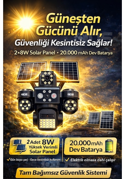 4 Lens 20mp 4g Güneş Enerjili Güvenlik Kamerası Sim Kartlı 128gb Sd Kart Ve 600gb İnternet