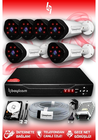 Bayicam 6 Kameralı Uzay 6 Dış Kamera Set 100 GB HDD Full HD Gece Görüşlü Güvenlik Kamerası Sistemi