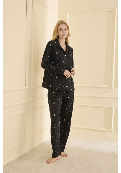 Mihra Kadın Pijama Takımı Uzun Kol Düğmeli Mevsimlik Siyah