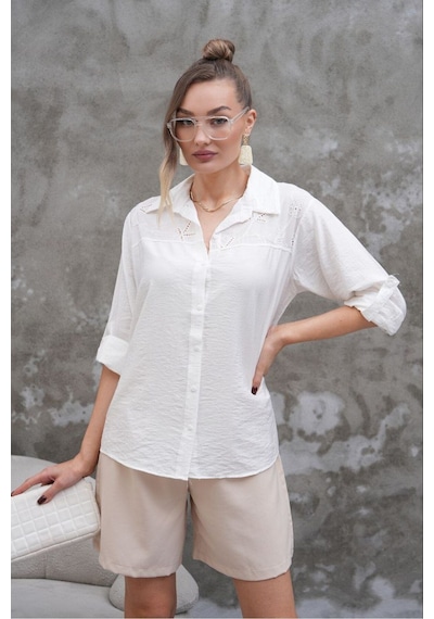 Rawea Kadın Yaka Detaylı Gömlek - %100 Lilyum Dokuma & Casual Beyaz
