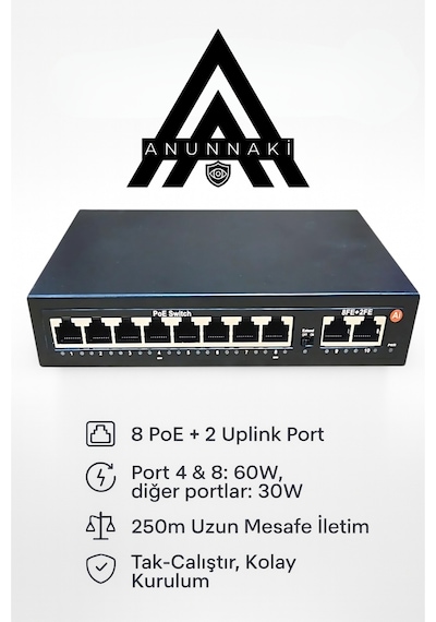 Anunnaki An1028mn 8 Port Poe Switch 120w 2 Uplink 250m Extend Ip Kamera Uyumlu Aı Watchdog