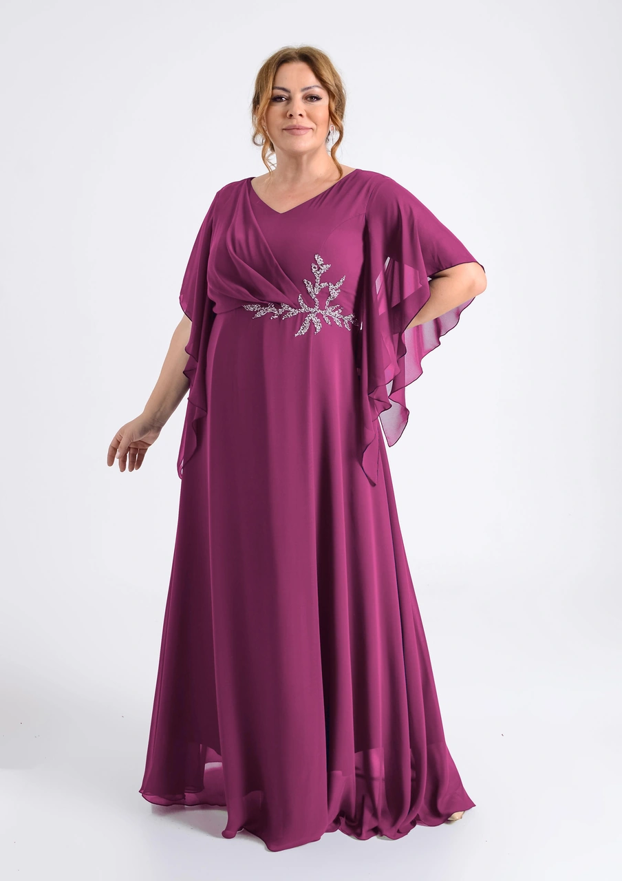 Lilas Xxl Büyük Beden Fuşya Renkli Yırtmaçlı Uzun Şifon Abiye Elbise Fuşya