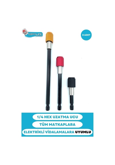 1/4 Bits Hex Altıgen Uçlu Uzatma Adaptörü Mıknatıslı Vidalama 3lü Set 6 10 15 Cm