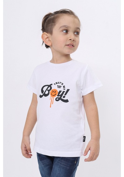 Toontoy Kids Toontoy Erkek Çocuk Bisiklet Yaka Kısa Kollu Baskılı Tişört 24103 Beyaz