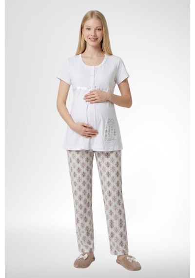Mecit Pijama Mecit 6350 Ekru Hamile Lohusa Pijama Takımı