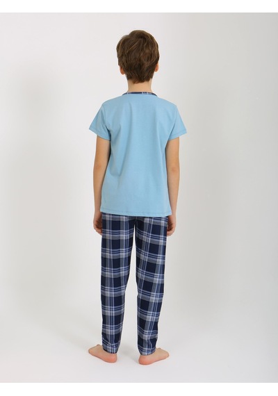 Vitmo Erkek Çocuk Kısa Kollu Düğme Detaylı %100 Pamuklu Pijama Takımı Be Mavi