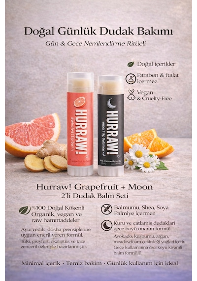 Hurraw 2 Li Dudak Balm Seti Günlük & Gece Bakımı Vegan & Doğal