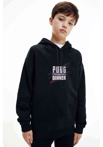 Tshirthane Chicken Dinner Baskılı Unisex Çocuk Kapüşonlu Siyah Sweatshirt (528715028) Siyah