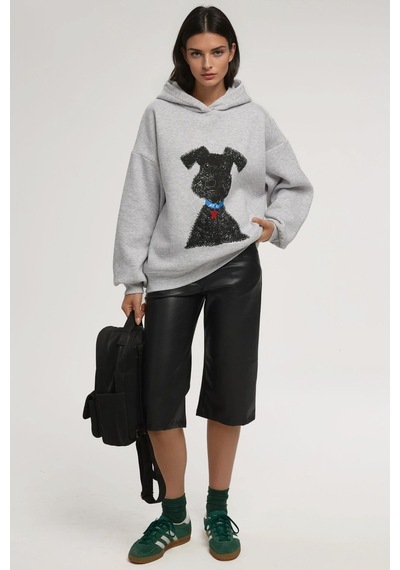 Hiccup Oversize Baskılı Kapüşonlu Sweatshirt Gri