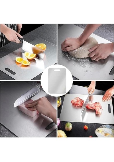 2'li Paslanmaz Çelik Kesme Tahtası Seti Levhası Panosu Kaydırmaz Slikon Ayaklı 24x34cm Ve Çok Renkli