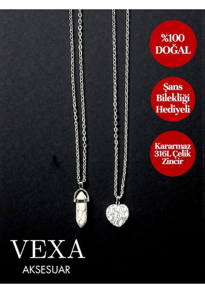 Çelik Beyaz Havlit Taşı Çift Sevgili Kolyesi 316l Çelik Şans Bilekliği Hediyeli Gümüş