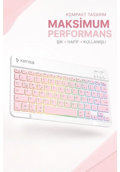 Tablet Ve Bilgisayar İçin Rgb Led Işıklı Taşınabilir Kablosuz Bluetooth Klavye Ve Dongle'lı Mouse Seti Pembe
