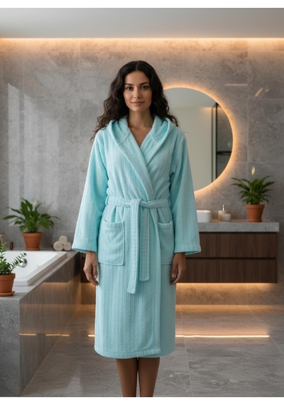 Pamuklu Kapüşonlu Unisex Bornoz Mint
