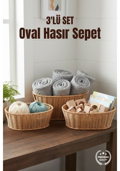 3'lü Oval Kulplu Hasır Sepet Seti - Çok Amaçlı Dekoratif Düzenleyici Kahverengi