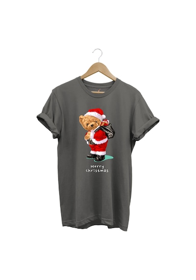 Yılbaşı Yeni Yıl Merry Christmas Sevimli Ayıcık Baskılı %100 Pamuk Regular Fit Gri T-shirt Gri