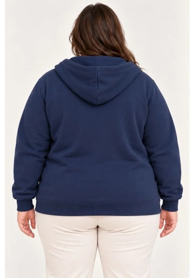 Suma Battal Büyük Beden Üç İplik İçi Şardonlu Kapüşonlu Tam Fermuarlı Kışlık Sweatshirt - Lacivert
