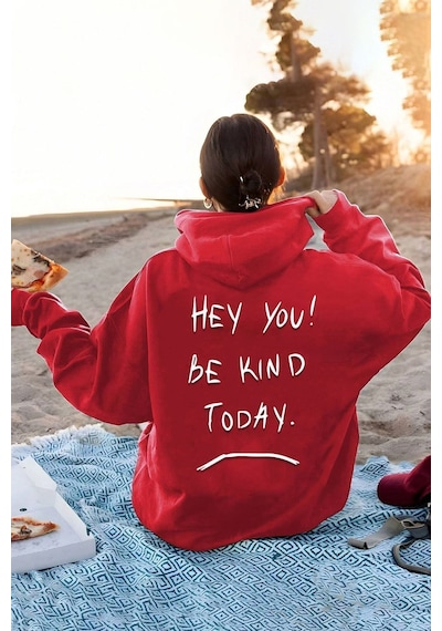 Uyguntarz Unisex Oversize Hey You Baskılı Sweatshirt Kırmızı