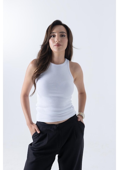 Mmetalic Fitilli Regular Fit Normal Kalıp Beyaz Bisiklet Yaka Sıfır Kol Pamuklu Kadın Atlet beyaz