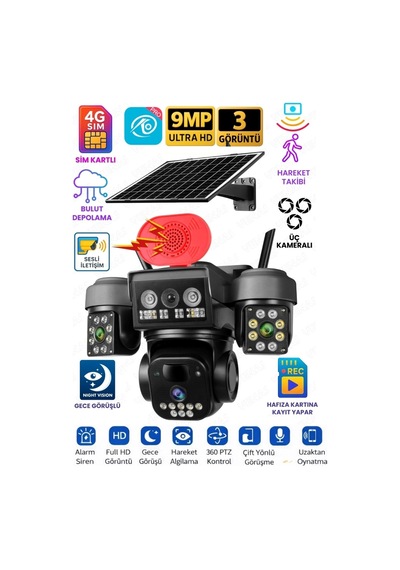 O-kam Ok8090 4g Simkartlı Solar 3 Lens 9mp Siren Mikrofon Hoparlör Yapay Zeka Güneş Panelli Ptz Kamera