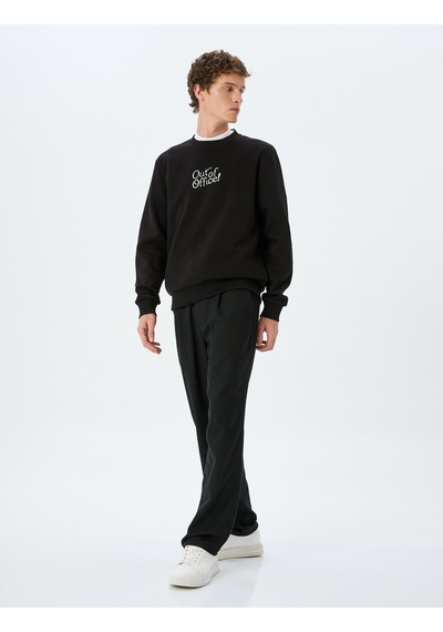 Koton Pamuk Karışımlı Bisiklet Yaka Slogan Baskılı Sweatshirt Siyah 5wam70232mk Siyah
