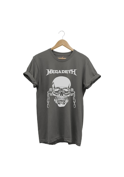 Heavy Metal Unisex Megadeth Skull Baskılı %100 Pamuk Regular Fit Bisiklet Yaka Gri T-shirt Gri