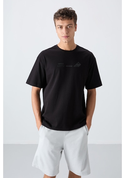 Tommy Life Siyah Pamuklu Kalın Yumuşak Dokulu Oversize Fit Baskılı Erkek T-shirt - 88330 Siyah