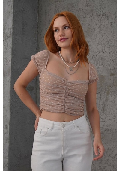 Defymoda Puantiyeli Belden Oturtmalı Tül Krem Bluz Krem
