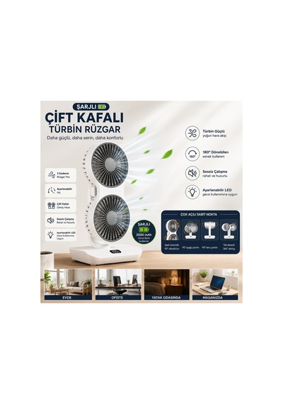 Hr001 Çift Kafalı Vntilatör Otomatik Salınımlı Şarjlı Masaüstü Ve Duvara Asılabilir Fan Serinletici Led Işıklı Mini Klima