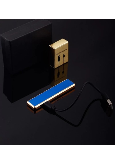 Şık Görünümlü Usb Şarjlı Rezistanslı İnce Slim Metal Çakmak Mavi
