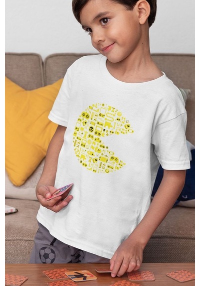 Sevbano Unisex Tasarım Pacman Baskılı Oyun Çocuk Tişört 1-12 Yaş Beyaz