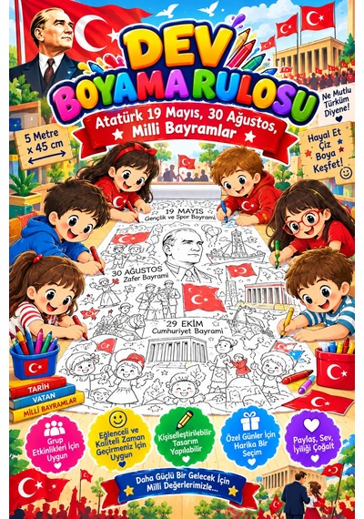 Atatürk, 19 Mayıs, 30 Ağustos, Dev Boyama Kağıdı Boyama Rulosu Büyük Boy 5 Metre - 808522583
