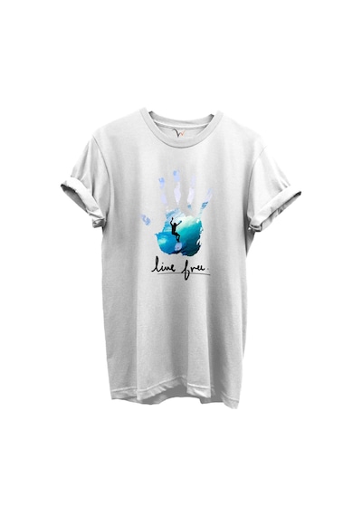 Live Free Yazılı Sörfçü Ve El Baskılı %100 Pamuk Regular Fit Unisex T-shirt Beyaz
