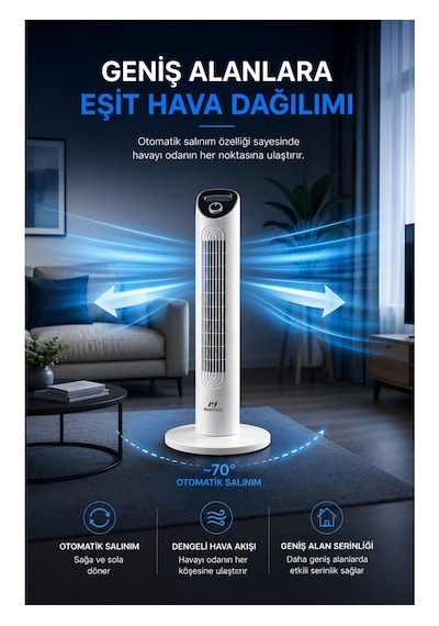 Pirantech Ev-30 Kule Tipi Vantilatör Sessiz Çalışma Şık Ve Modern Tasarım Ev Ve Ofis Kullanımı