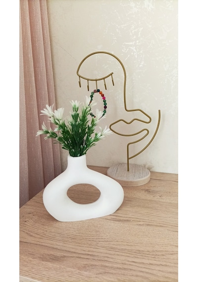 Mini Beton Saksı - Yapay Çiçekli - Beyaz