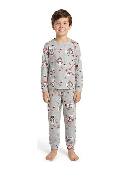 Zuzunga Unisex Yılbaşı Temalı Cute Kardan Adam Desenli Çocuk Pijama Takımı Gri
