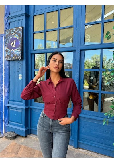 WeShaya Bordo Pamuk Polyester Parçalı Gömlek Bordo