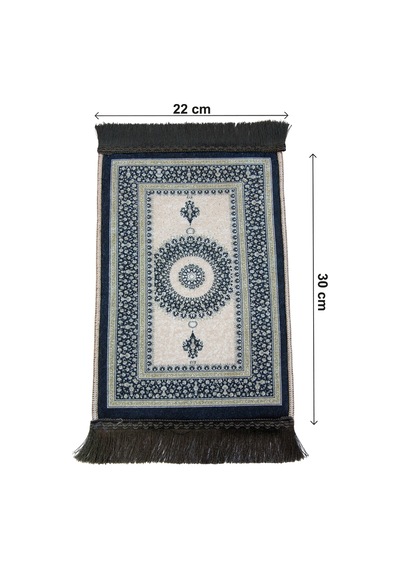 Mini Alın Seccadesi Kaymaz Taban Desenli Cep Tipi Seyahat Namaz Seccadesi - Lacivert / Krem