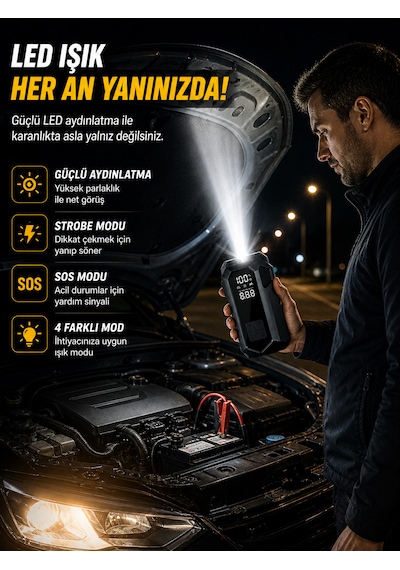 Merwish 16000mah 4'ü 1 Arada Akü Takviye Cihazı 2000a Hava Kompresörü Powerbank Led Fener Dijital Ekran Çantalı